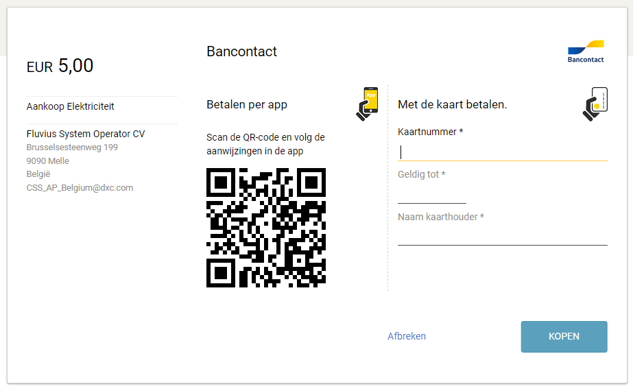 Invullen van kaartgegevens voor bancontact betaling