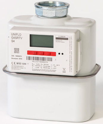Digitale aardgasmeter met rode bedieningsknoppen (Flonidan)