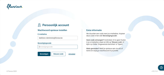 Je krijgt nu een code via je opgegeven e-mailadres. Vul de code in het veld ‘Bevestigingscode’ in.