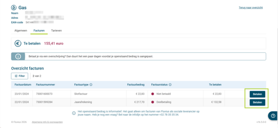 Bij elke openstaande factuur zie je de blauwe knop ‘Betalen’.