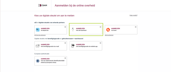 Klik op 'Aanmelden met eID kaartlezer'